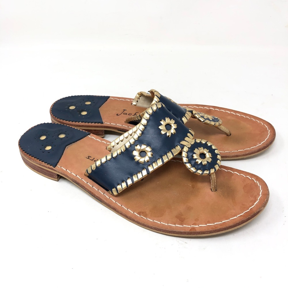 Jack Rogers Womens 10 Navajo Flat Sandals Navy Gold Whipstitch Leather Thong